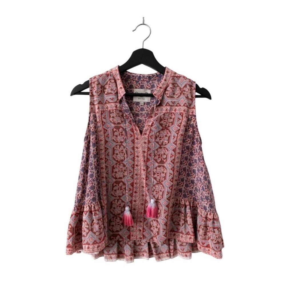 SEA New York Sz 6 Silk Red Blue Bohemian Geometric Sleeveless Shirt Tassels